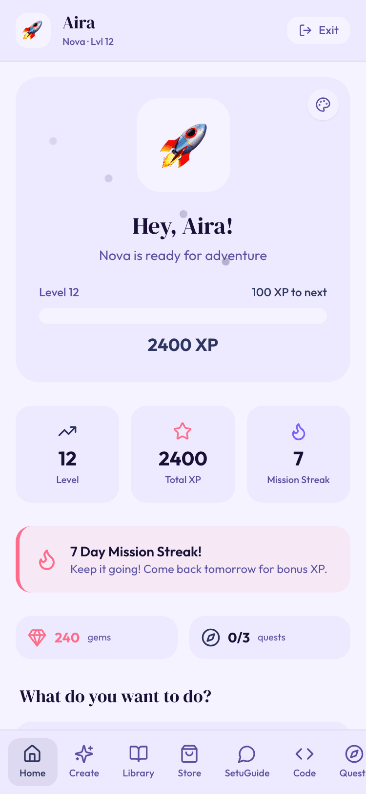 UrSetu kid mode — Aira, Level 12, 2400 XP, quests and gems